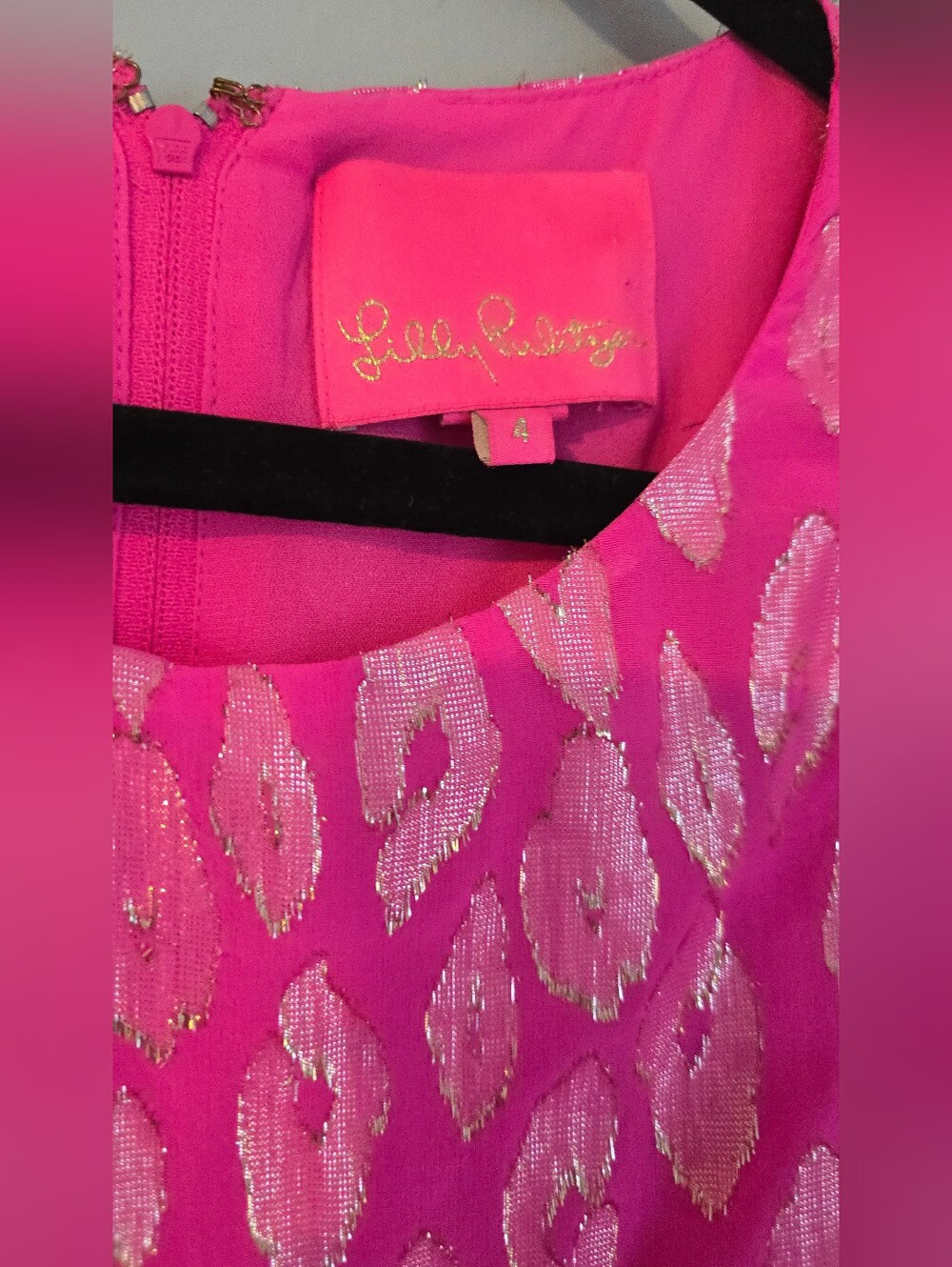 Size 4 Silk Lilly Pulitzer Hot Pink Metallic-Print Ruffle Midi Dress - Picture 3 of 3